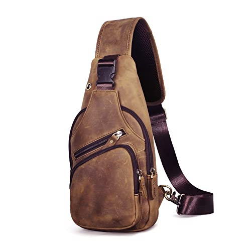Le'aokuu Men Fashion Casual Tea Designer Travel Hiking Crossbody Chest Sling Bag Rig One Shoulder Strap Bag Men Leather 8015