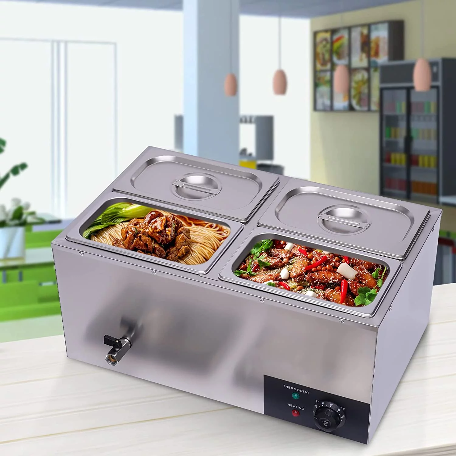 Miumaeov 110V 4-Pan Commercial Food Warmer with Adjustable Temperature Home Food Steam Table Electric Countertop Restaurant Warming Buffet Server