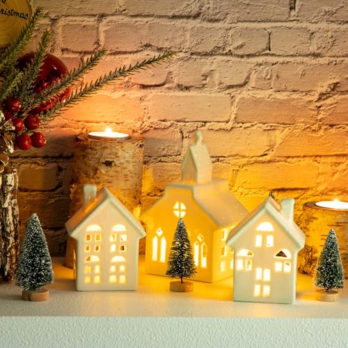 Mwfus 7 Pcs Christmas Miniature Porcelain Village Sets Tabletop Figurine LED Porcelain House Miniature Christmas Figurines Decorations for Tabletop Mantle Decor
