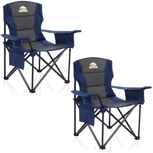 Oversized Camping Chair Set of 2 Support 450 LBS Carry Bag Included, Heavy Duty Full Padded Folding Chair with Lumbar Support, Cooler Bag, Mesh Cup Holder, Pocket for Lawn,Sport,Outdoor, Red