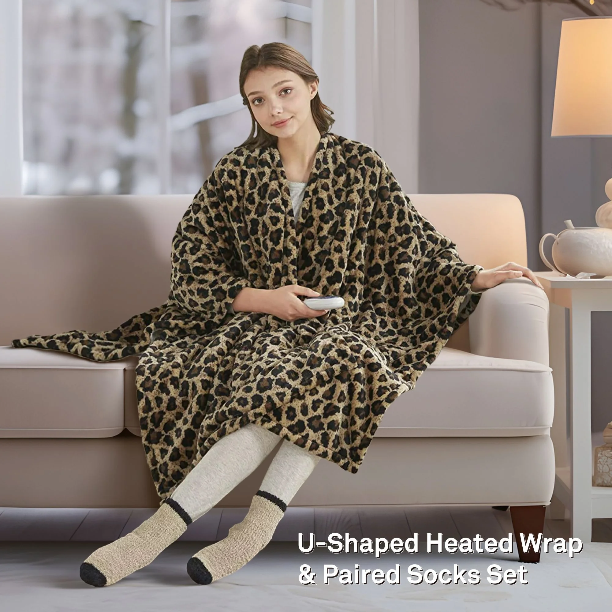Comfort Spaces Sherpa Electric Throw Wrap with Sock Set Heated Wearable Blanket Reversible Animal Print 50
