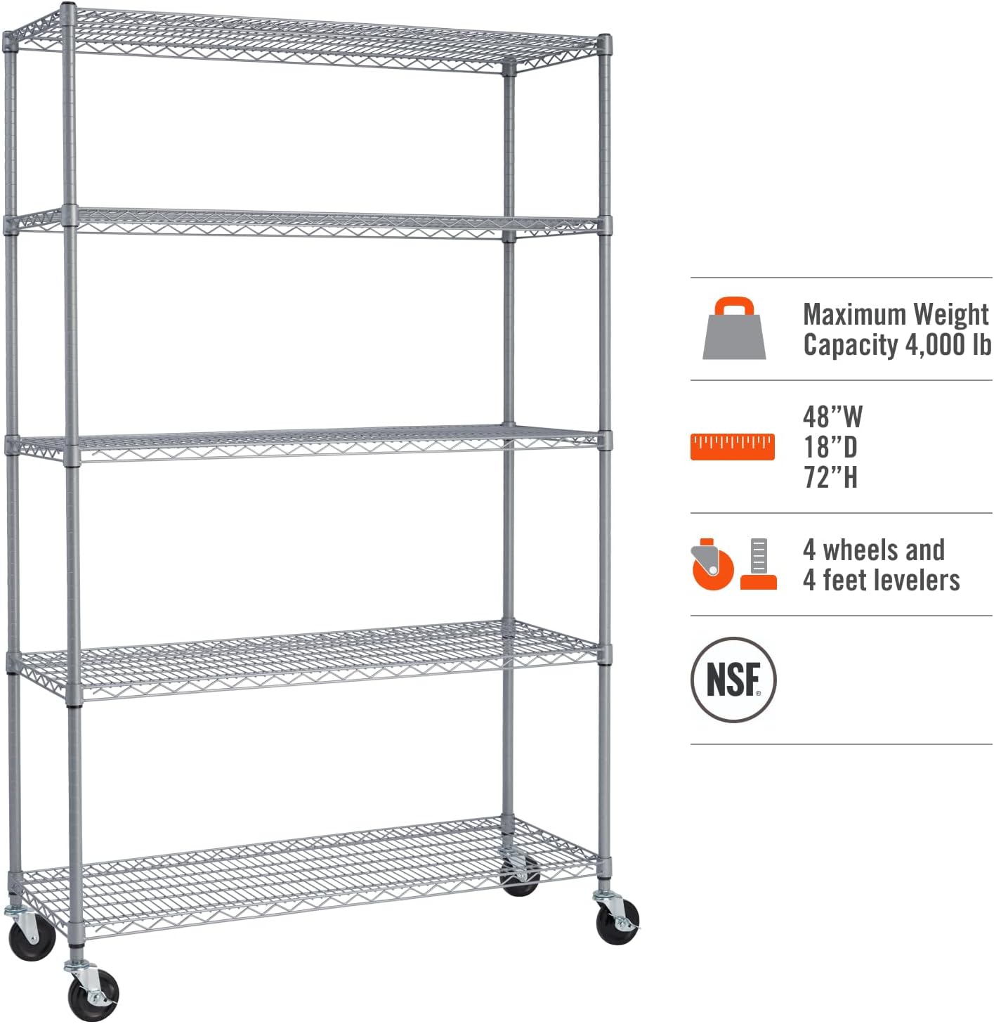 TRINITY EcoStorage Heavy Duty 5-Tier Adjustable Wire Shelving with Wheels for Outdoor Use, Garage Storage and More, NSF Certified, 800-4000 Lb Capacity, Gray, 48