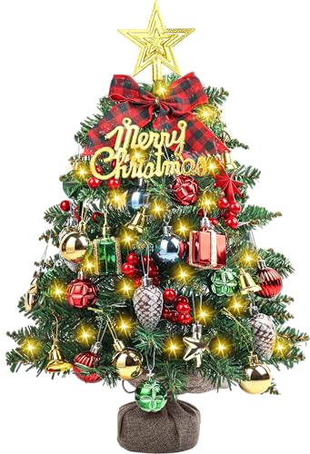SVNVIOZ 2FT Small Tabletop Mini Artificial Christmas Tree with Lights, Red Green Ornaments - Xmas Tree for Holiday Home Decoration