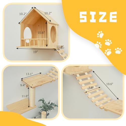 Cat Wall Shelves 9pc, Wall Mounted Cat Climbing Shelves, Wooden Cat Furniture with 2 Condo Houses, 3 Perches, 2 Bridge Ladders and 2 Scratching Posts