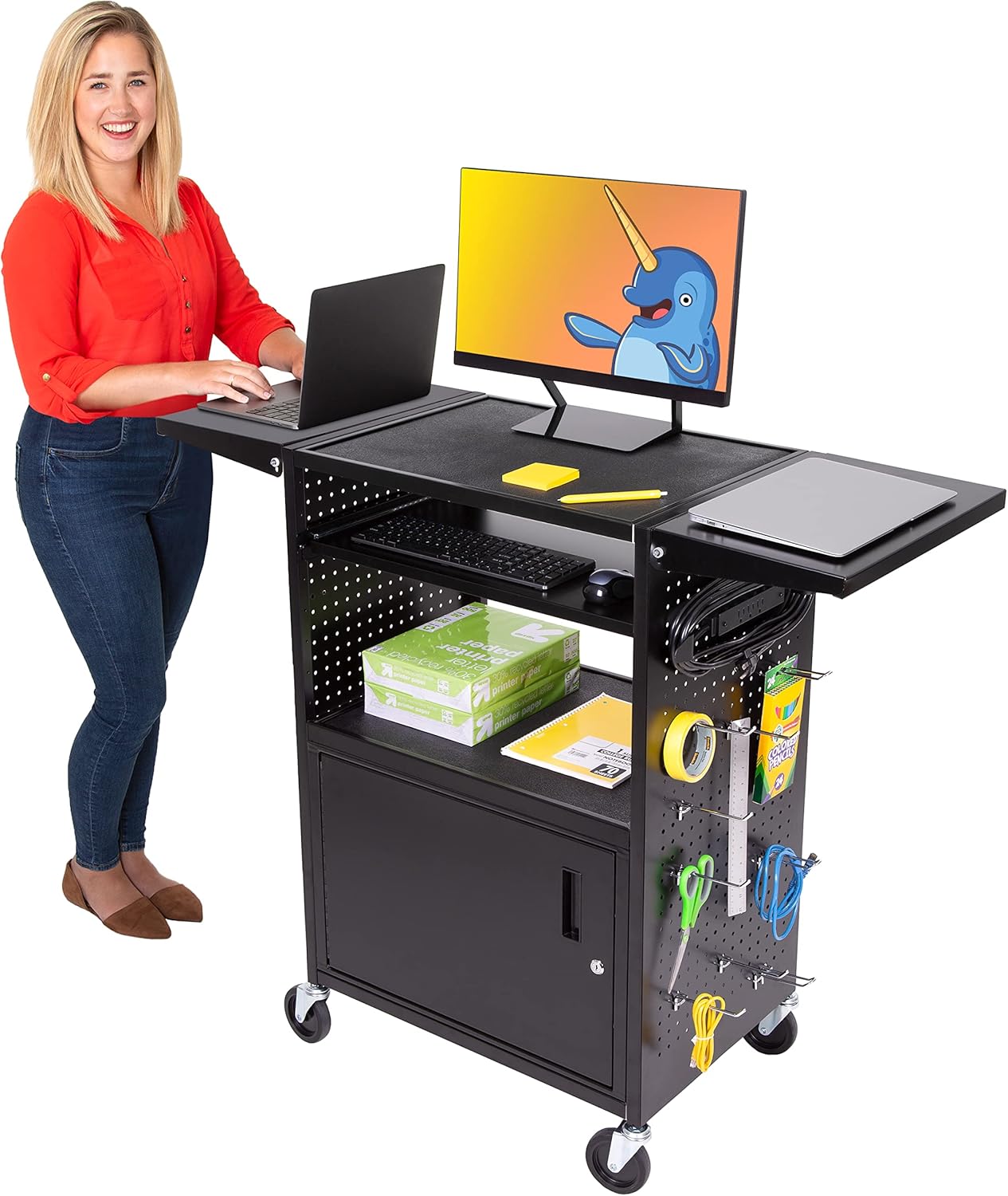 Line Leader Stellar AV Cart | Computer Cart with Pegboard Siding & 12 Hooks for Customizable Storage | Locking Cabinet & Pullout Keyboard Tray | UL Safety Certified Power Outlets | Locking Wheels