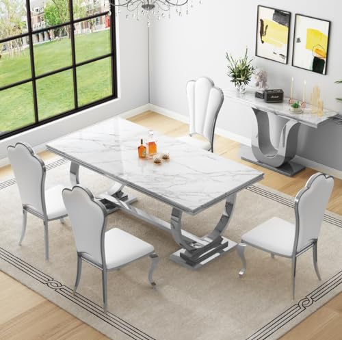 Goujxcy White Marble Dining Table Set for 6, Luxury Silver Kitchen Table and Chairs Set of 6, 70