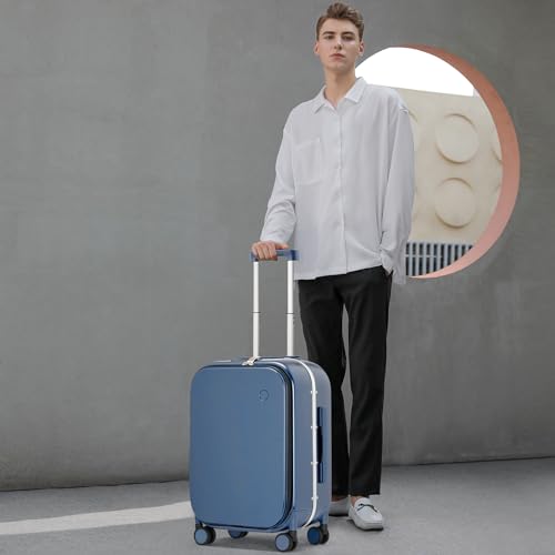 mixi Carry On Luggage, 20'' Suitcase with Front Laptop Pocket, Travel Rolling Luggage Aluminum Frame PC Hardside with Spinner Wheels & TSA Lock and Cover - Smoke White