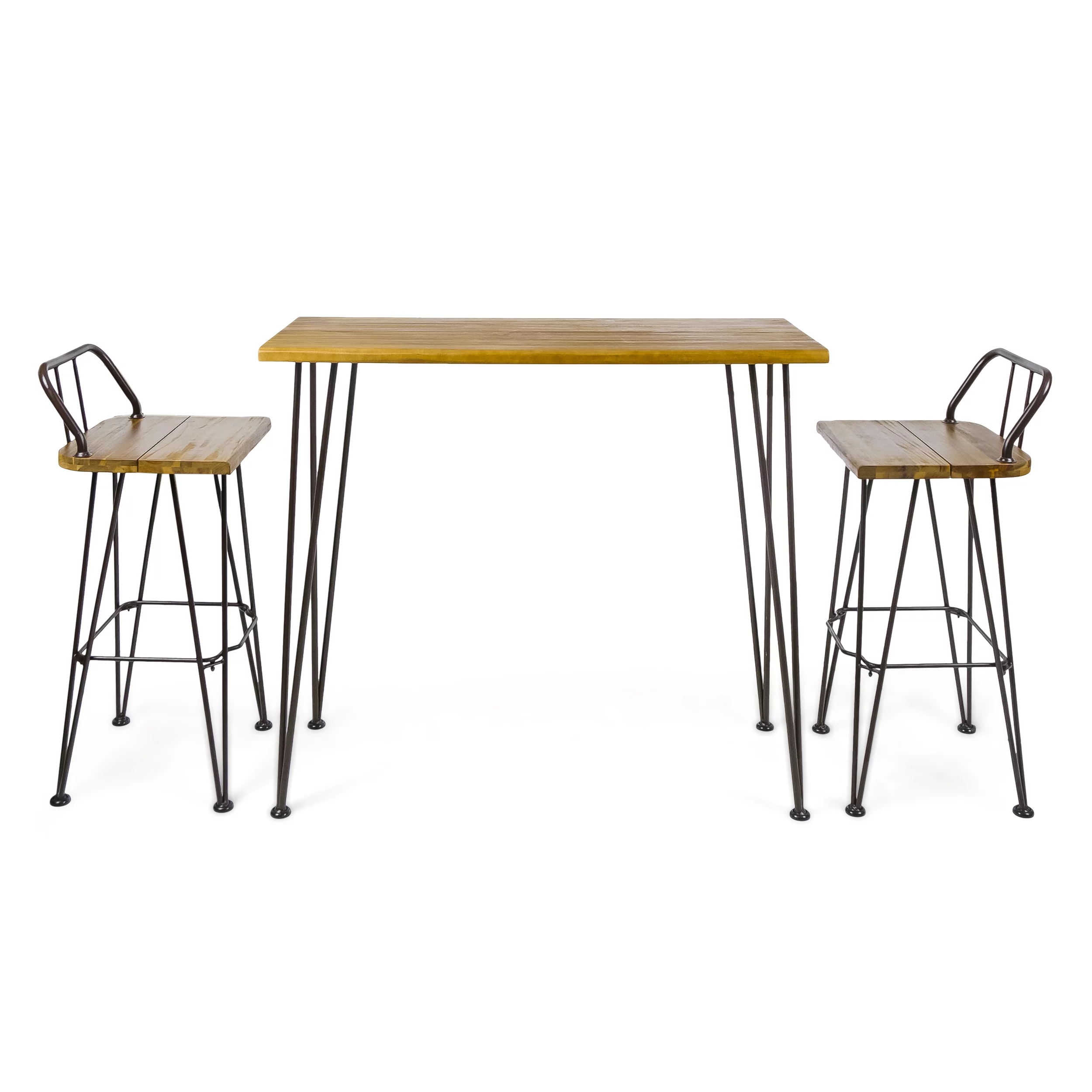 Leonardo Outdoor Industrial Acacia Wood Bar Set with Iron Frame, Teak and Rustic Metal