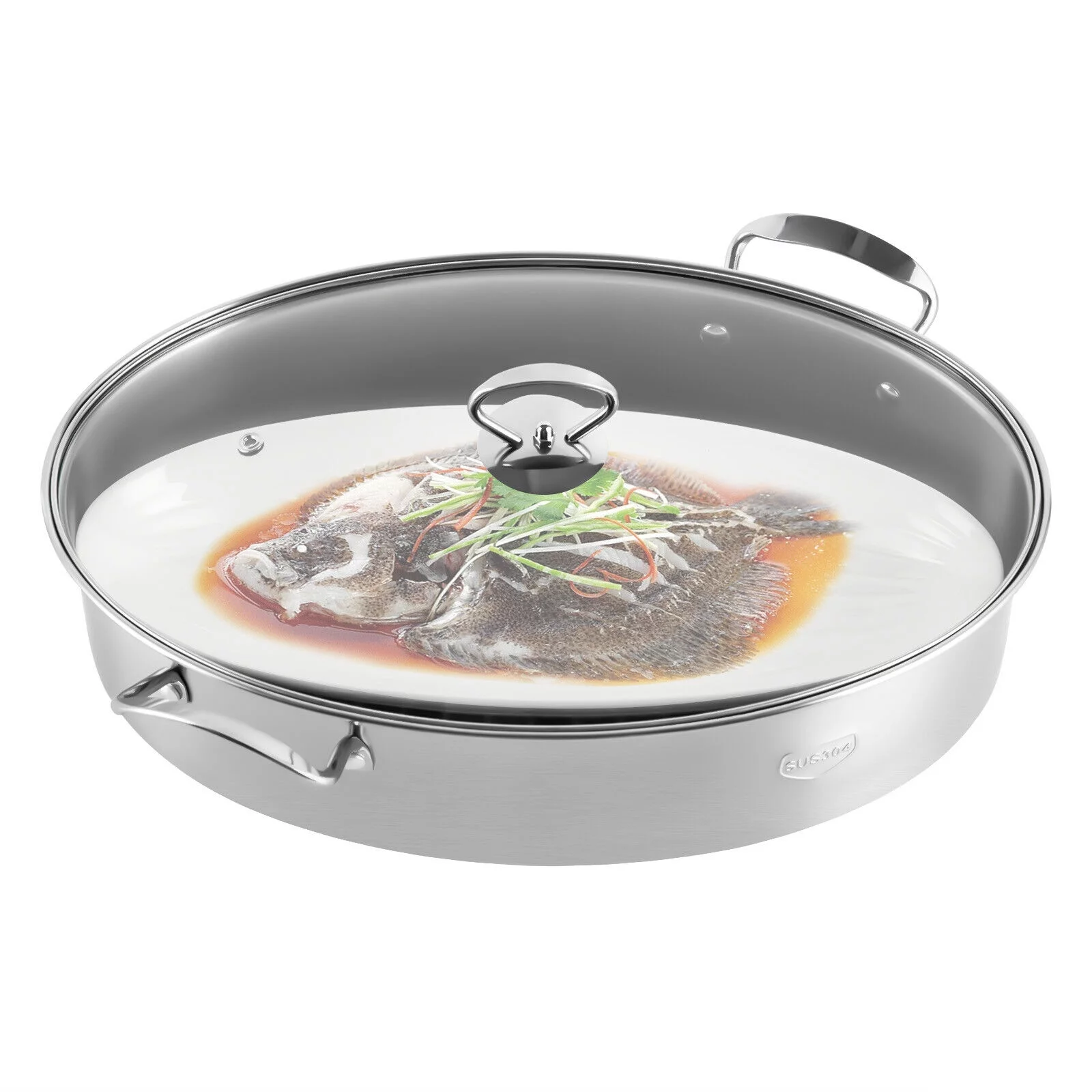 ZhdnBhnos Stainless Steel Fish Steamer Oval Fish Steaming Pot with Glass Lid Multi-Cooker Kitchen Cooking Cookware
