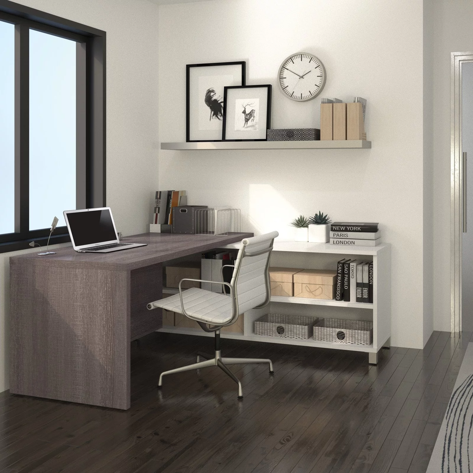 Bestar Pro-Linea L-Desk in White and Bark Grey