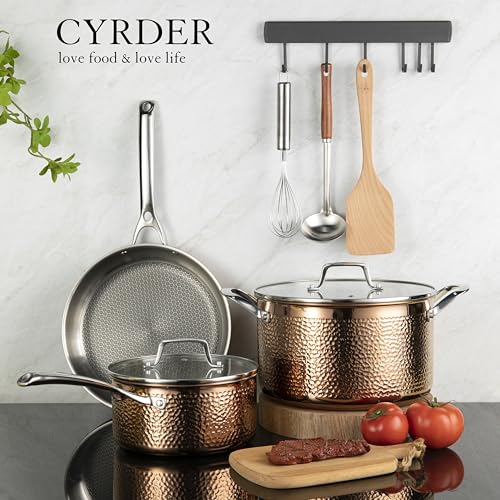 Luxury Hammered Stainless Steel Cookware set, 5 Piece Heavy Duty Pots and Pans set, Non Toxic, PTFE & PFOA Free, Oven & Dishwasher Safe, Induction 18/10 Stainless Rose Gold Pot Pan