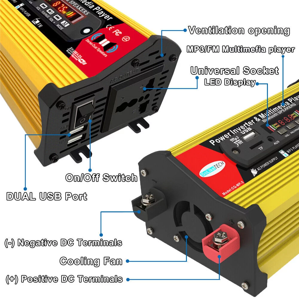 1500W Power Inverter - Car Power Inverter DC 12V to AC 110V Car Converter with LED Display Remote, Yellow