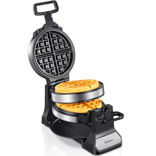 Belgian Waffle Maker, Classic Rotating Waffle Iron with Nonstick Plates, Removable Drip Tray and Cool Touch Handles, Double Flip Waffle, Rotating Belgium Waflera Maker by Yabano, Brushed Stainless