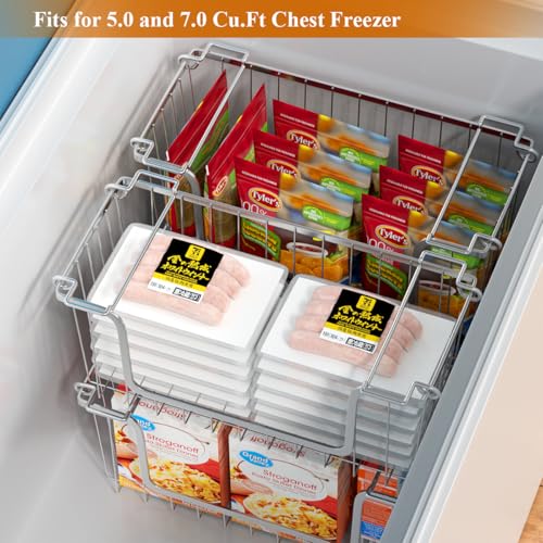 Orgneas Stacking Freezer Organizer Bins for 5.0Cu.Ft Chest Freezer, Small Stackable Chest Freezer Baskets Metal Wire Kitchen Pantry Storage Open Front Deep Freezer Bins with Foldable Handles, Set of 4