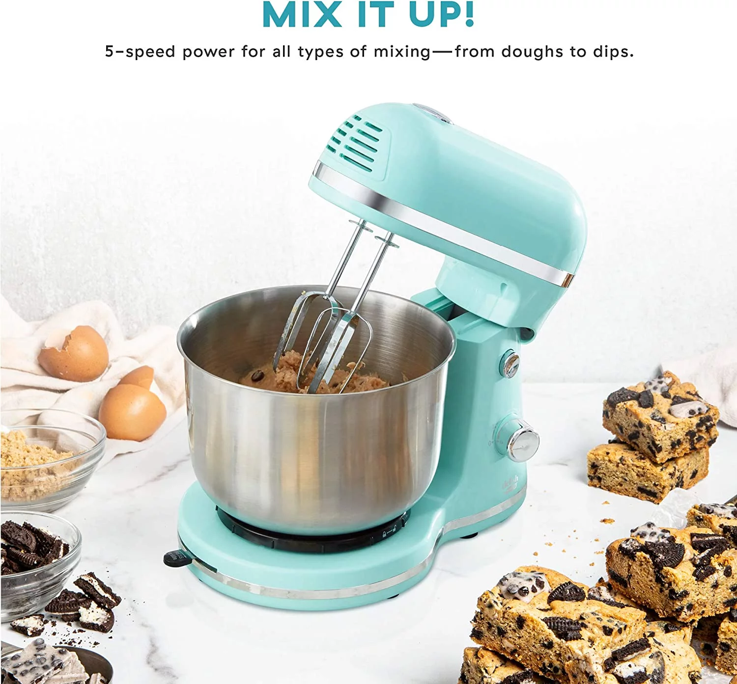Delish by Dash Compact Stand Mixer 3.5 Quart with Beaters & Dough Hooks Included - Aqua, Blue (DCSM350GBBU02)