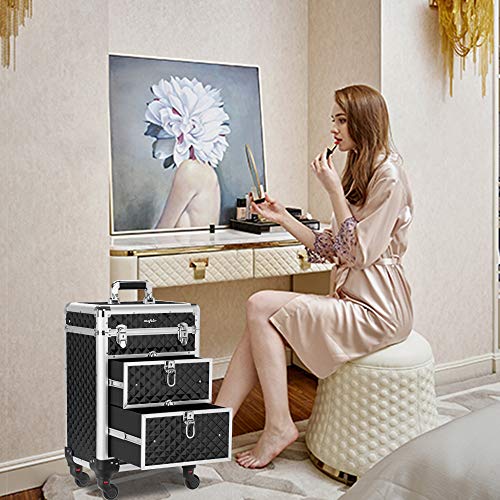 Aluminum Rolling Makeup Train Case, Portable Makeup Organizer Suitcase, Cosmetic Storage Box, Travel Beauty Luggage Trolley Lockable w/4 Removable Wheels & 2 Sliding Drawers (Red)