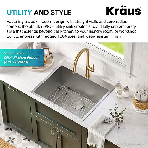 KRAUS Standart PRO 22-inch Drop-In Top Mount 16 Gauge Stainless Steel Single Bowl Laundry Utility Sink, KHT301-22L