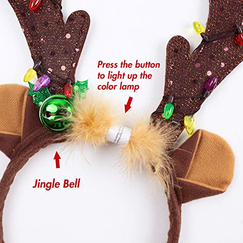 HANSGO LED Reindeer Antlers Headband with Bells - Christmas Reindeer Ears