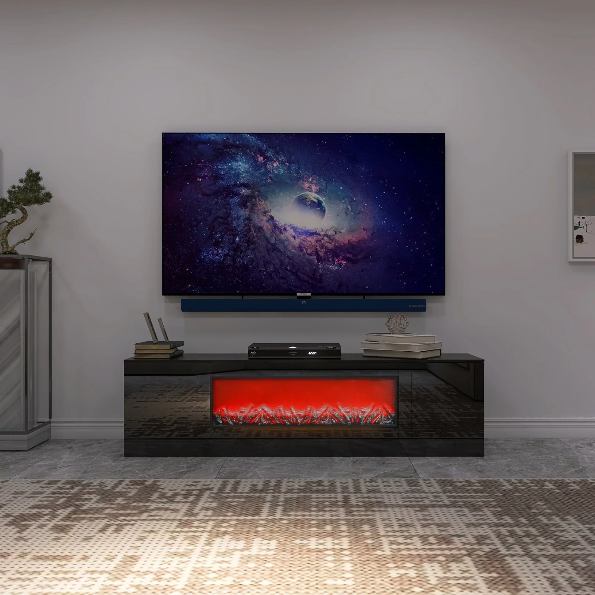 Modern Black Electric Fireplace TV Stand - Wood Texture, High Glossy Surface - No Heating, Removable Partition (1 Box)