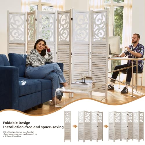 Folding Room Divider, 5.6Ft 4 Panels Wood Carved Privacy Screens, Free Assembled Freestanding Portable Reversible Functional Decorative Partition for Home Office Restaurant Bedroom (Wood)