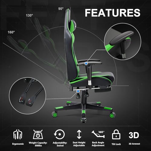 GTRACING Gaming Chair with Footrest, Ergonomic Computer Game Desk Chair, Recline Gaming Chair Seat Height Adjustment, Swivel Rocker with Headrest and Lumbar (Blue)