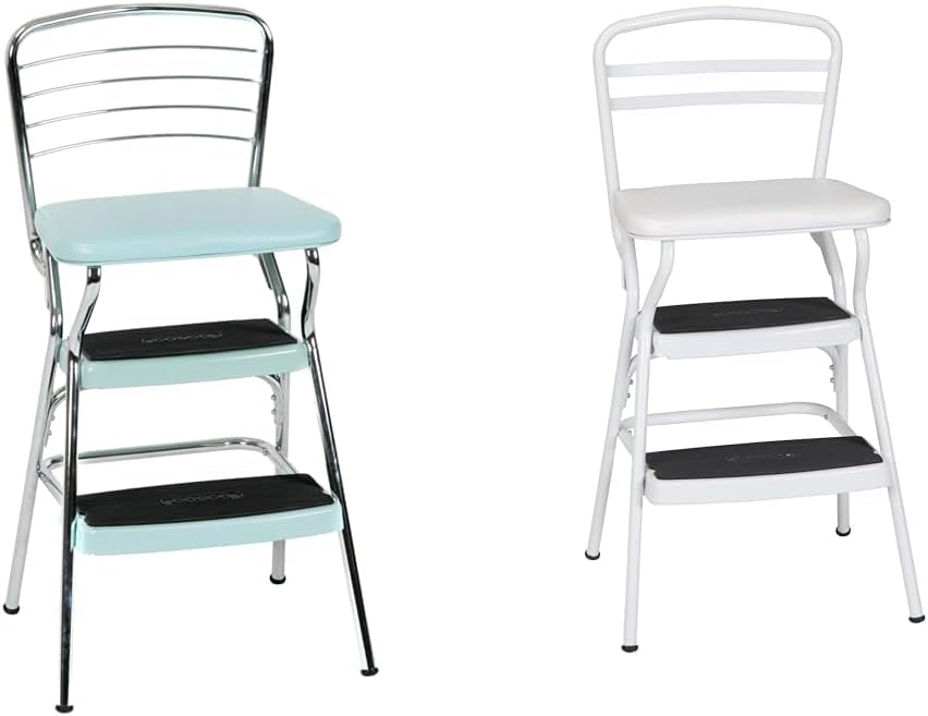 Cosco Stylaire Retro Chair + Step Stool with Flip-Up Seat, Teal and White