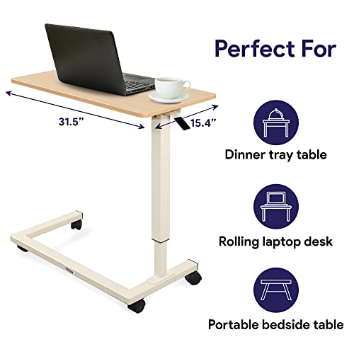 Medacure Hospital Bed Table, Light Oak - Overbed Table with Wheels & Adjustable Height - Food, Laptop, and Reading Overbed Desk - 50lb Capacity Over The Bed Table