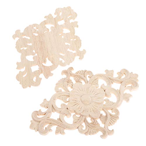 Wood Carved Appliques, 2Pcs Wooden Decorative Onlays, MUXSAM Unpainted Furniture Center Decals for Cabinet Dresser Bed Door Wall Wardrobe Ceiling Decoration Home DIY Project, 15x10.5cm/5.9
