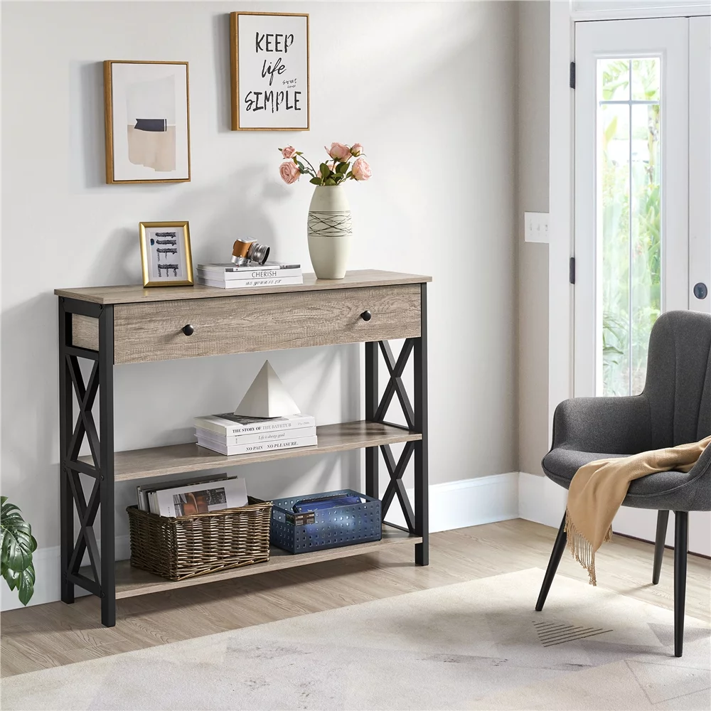 Topeakmart X Design Console Table w/ 1 Drawer & 2 Shelves, Gray