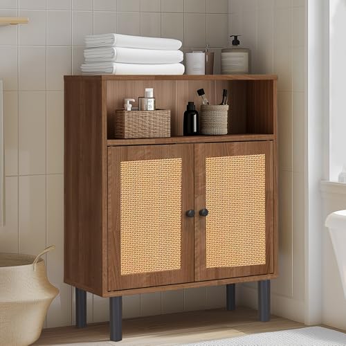 Rattan Storage Cabinet, Boho Accent Cabinet with Double Doors, Small Freestanding Sideboard for Hallway, Laundry Room,Kitchen, Dining Room, Entryway(Walnut)