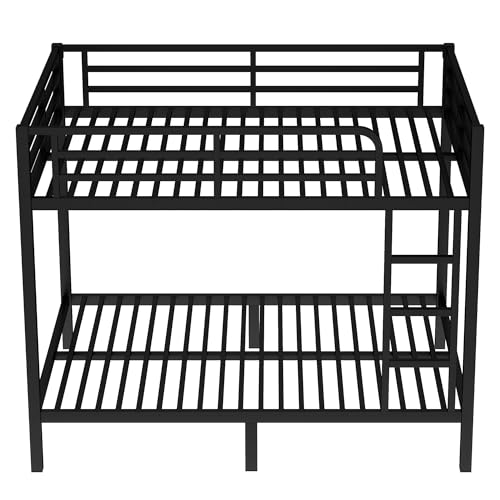 Heavy Duty Bunk Bed Frame with Ladder, Twin XL Over Twin XL Bunk Beds with Safety Guardrails, Adults Bunk Beds with Noise-Reducing Rubber Stoppers, Easy Assemble, Black