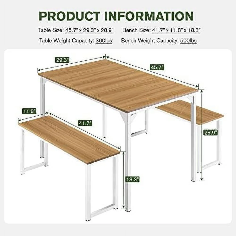 HOOMZNB 3PC 47.2" Dining Table Set for 4-6  Heavy Duty Kitchen Table with Benches  Kitchen & Dining Room Table Set  Space-Saving Dinette  Grey & Light Brown