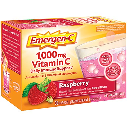Emergen-C (30 Count, Raspberry Flavor, 1 Month Supply Dietary Supplement Fizzy Drink Mix with 1000mg Vitamin C, 0.32 Ounce Packets, Caffeine Free (Pack of 2)