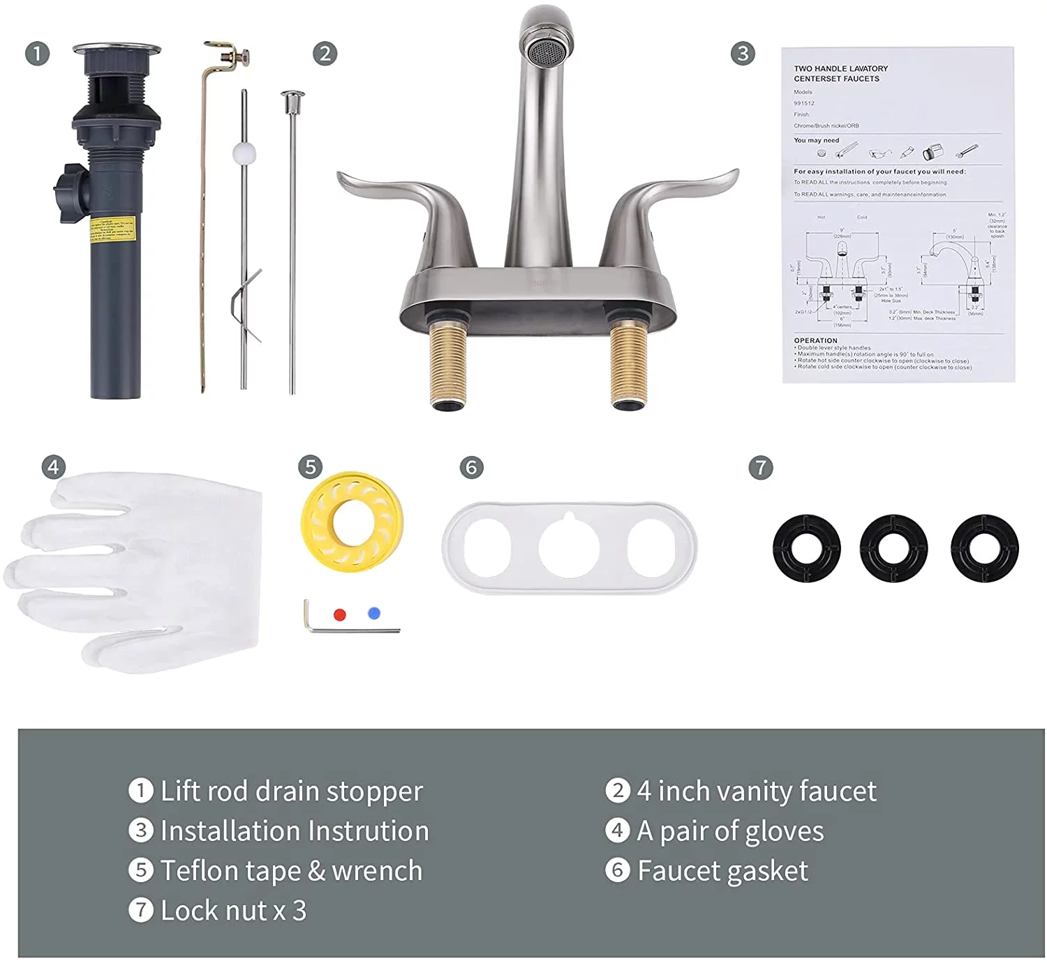 WOWOW Bathroom Faucet 2 Handle 4 Inch Centerset Bathroom Sink Faucet, Lead-Free Basin Mixer Tap with Lift Rod Drain Stopper