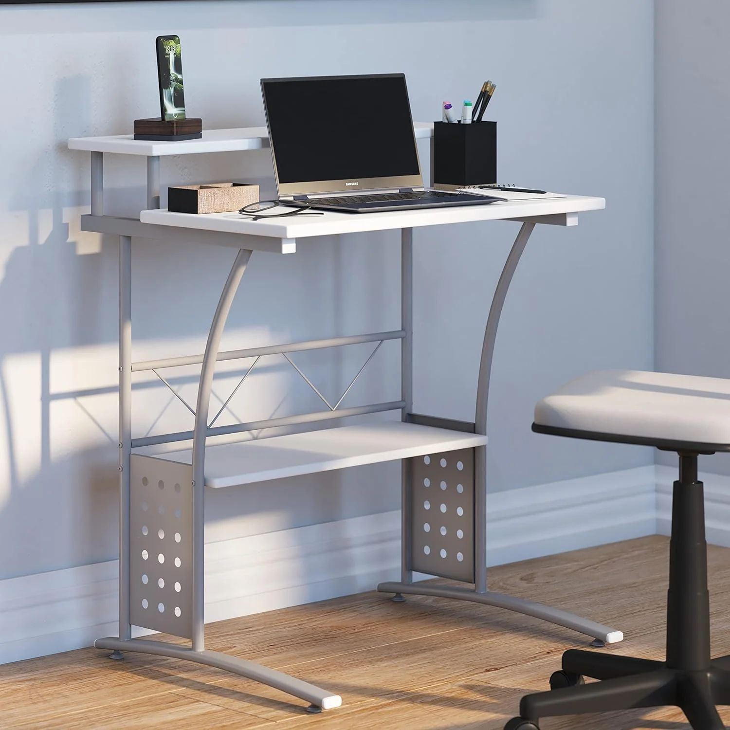 Small Computer Desk - White Finish - Silver Steel Frame - 28 Inches Wide - Raised Monitor Platform - Lower Storage Shelf