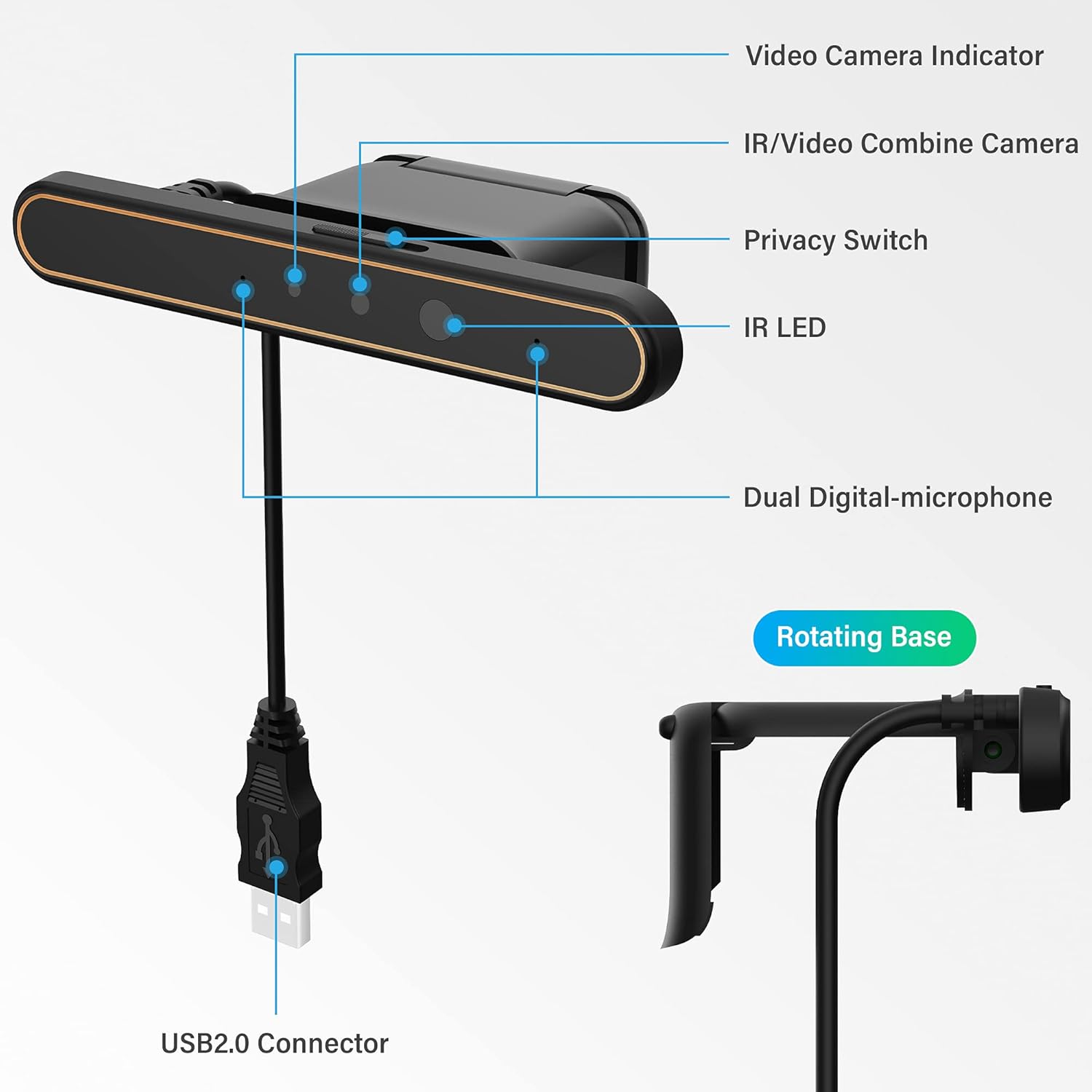 IPTNIC Webcam, Windows Hello Face Recognition Webcam for Instant Login with Windows 10,USB IR Camera with Privacy Cover,Dual Microphones,1080P Business Camera for Video Calling,Online Conference Pack of 2