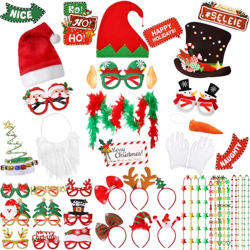 Zubebe 55 Pcs Christmas Photo Booth Props DIY Kit Selfie Props Accessories Christmas Hats Headband Glasses Scarves Paper Photo Booth Xmas Theme Photography Backdrop Decor Xmas Party Supplies