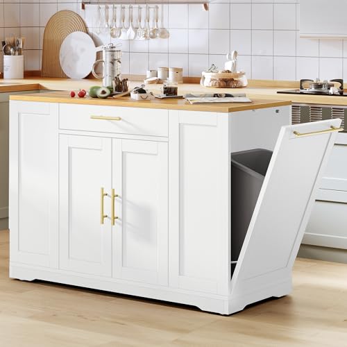 YITAHOME 53 inch Large Rolling Kitchen Island with Trash Can Storage Cabinet, Portable Mobile Islands Table Long Floating Movable w Wheels Cabinet for 13 Gallon Garbage Bin 2 Drawer, White Oak
