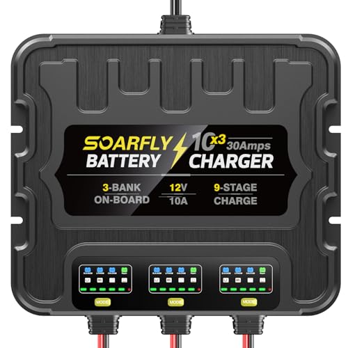 3 Bank Marine Battery Charger, 12V 30A (10A/Bank) Smart Waterproof Onboard Boat Battery Charger, Battery Maintainer & Desulfator for SLA/AGM/Lithium (LiFePO4), Calcium and Deep-Cycle Batteries