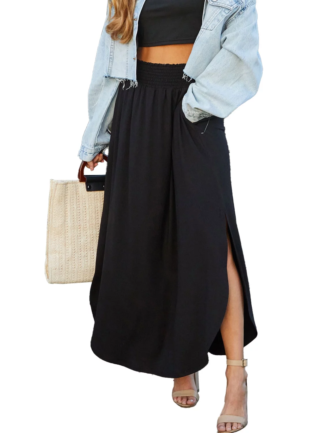 Doublju Women's Smocked Waist Band Maxi Skirt