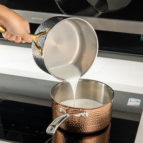 Luxury Hammered Stainless Steel Cookware set, 5 Piece Heavy Duty Pots and Pans set, Non Toxic, PTFE & PFOA Free, Oven & Dishwasher Safe, Induction 18/10 Stainless Rose Gold Pot Pan