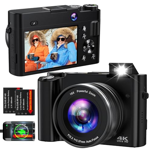 4K Digital Camera for Photography Autofocus 64MP Vlogging Camera for YouTube with Dual Cameras 16X Digital Zoom 4K Compact Travel Video Camera with 32GB SD Card,2 Batteries,Flash, Anti-Shake (Black)