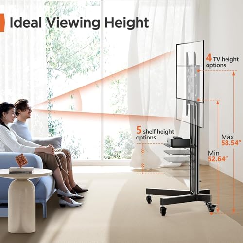 Perlegear Rolling TV Stand, Mobile TV Stand on Wheels for 32-85 Inch Screens up to 132 lbs, Height Adjustable Mobile TV Cart with Metal Shelf, Rolling TV Cart with Lockable Wheels Max VESA 600x400mm