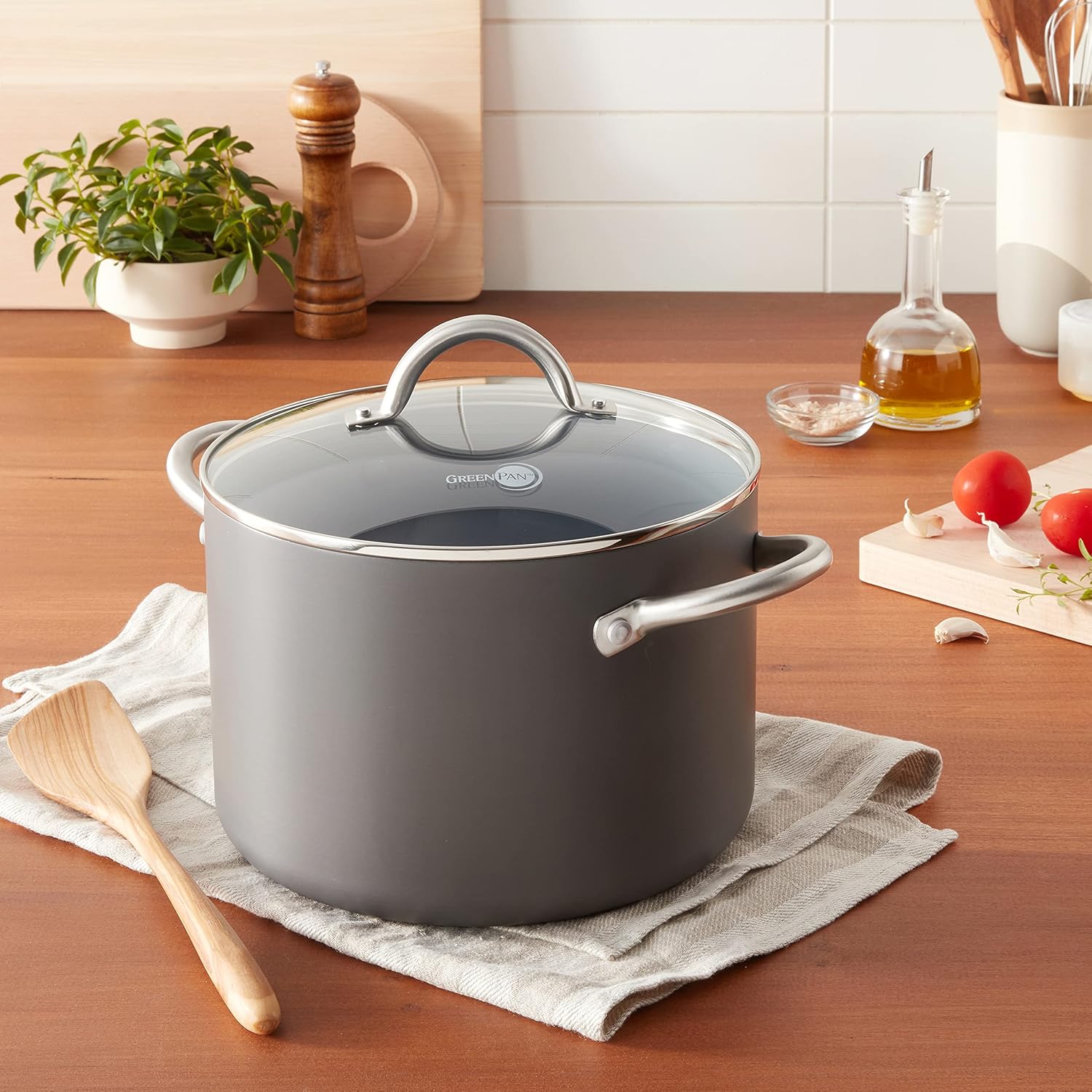 GreenPan Lima Hard Anodized Healthy Ceramic Nonstick 8QT Stock Pot with Lid, PFAS-Free, Oven Safe, Gray