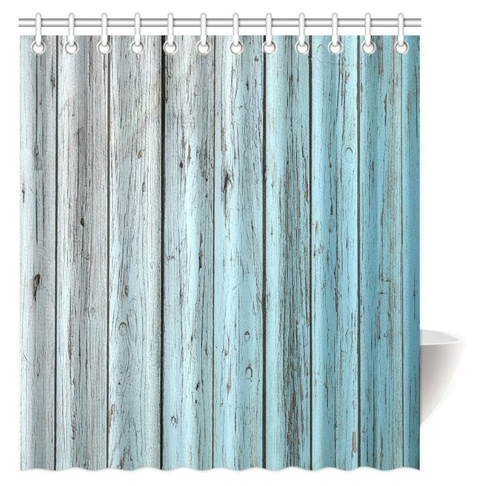 MYPOP Village Rustic Wood Panels Fabric Bathroom Shower Curtain Decor Set with Hooks, 66 X 72 Inches, Teal Grey