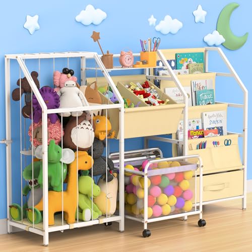 Kids Bookshelf and Toy Storage, 3 Tier Sling Montessori Bookcase with Toy Organizer & Stuffed Animal Storage, Children Baby Toddler Book Shelf for Kids Rooms Nursery Bedroom Playroom, White