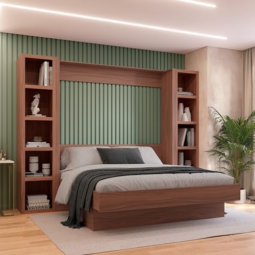 Oakland Living Easy-Lift Queen Murphy Wall Bed in Brown Wood Grain with Two Bookshelves