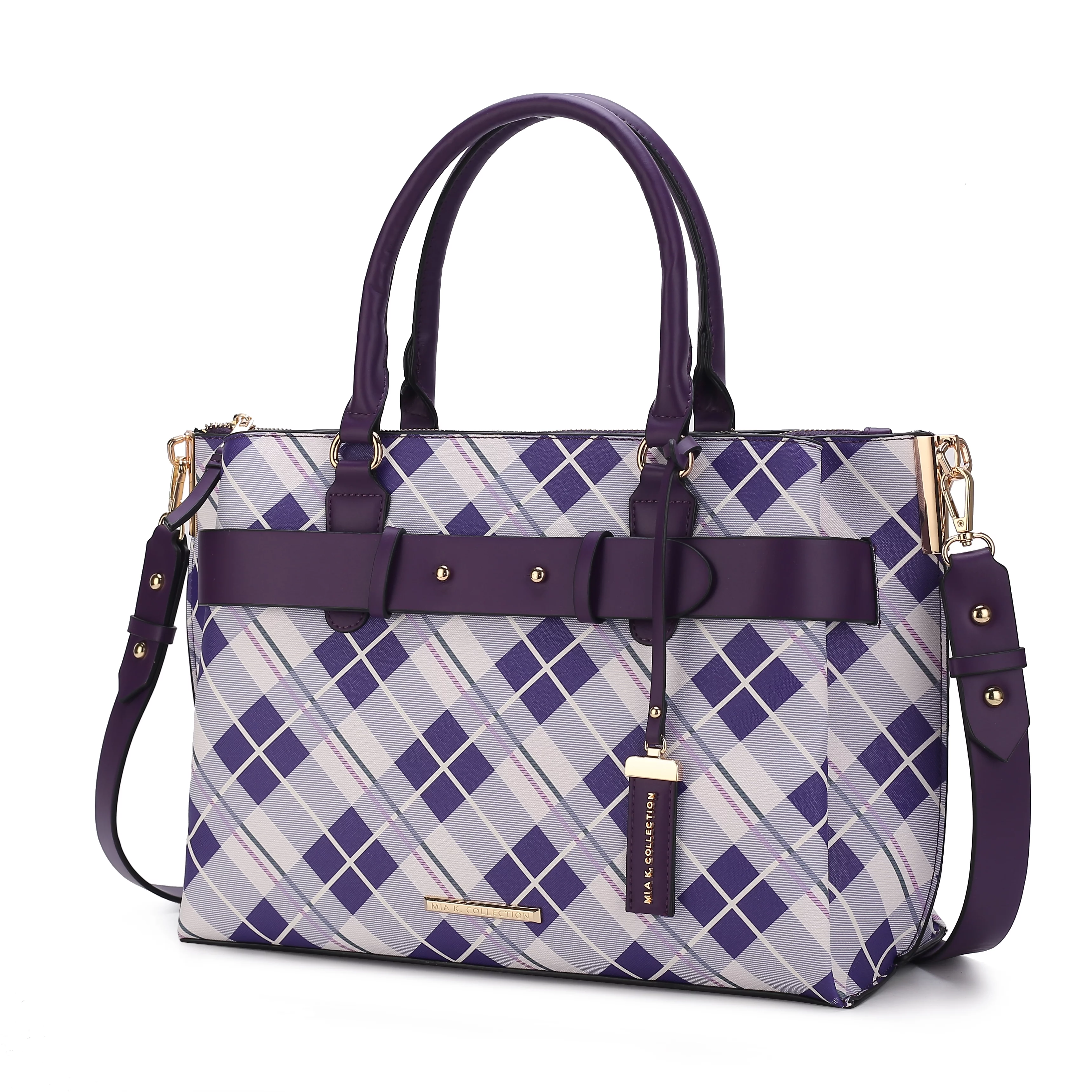 MKF Collection Vivian Plaid Vegan Leather Women's Satchel Bag, Elegant Top-handle Purse Handbag by Mia K - Purple