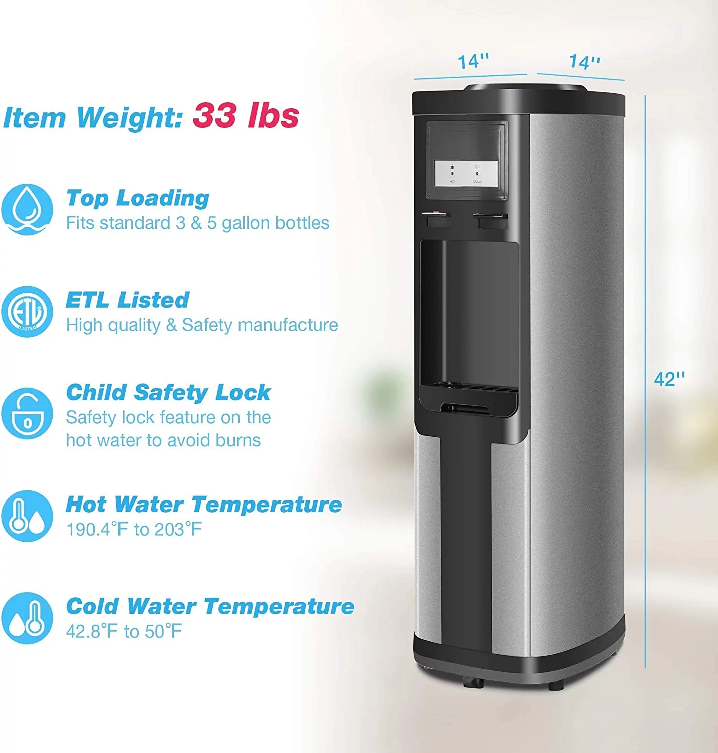 Water Cooler Dispenser for Top Loading 5 Gallon Water Cooler Dispensers,Perfect for Home Office School, Stainless Steel ETL Listed No Noise Quiet, Black