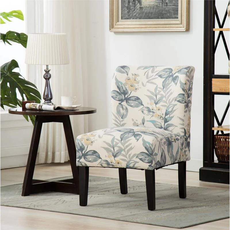 Roundhill Furniture Capa Print Fabric Armless Contemporary Accent Chair in Blue Leaves